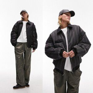 Topshop Reversible Collared Nylon Bomber Jacket with Stripe in Black